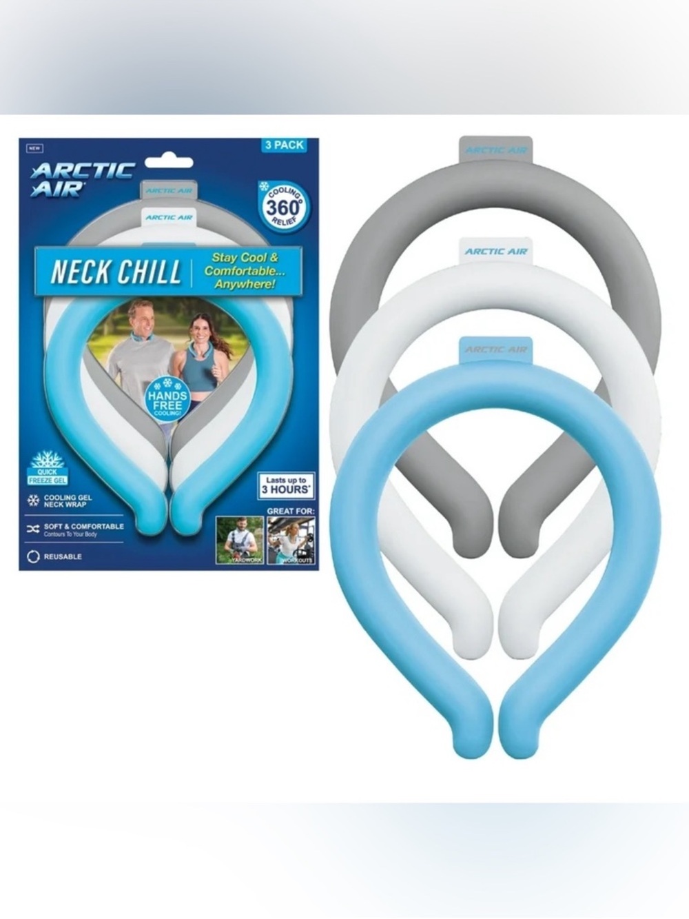 Neck Chill Cooling Gel Neck Wrap - Blue, White & Gray (3-Pack)